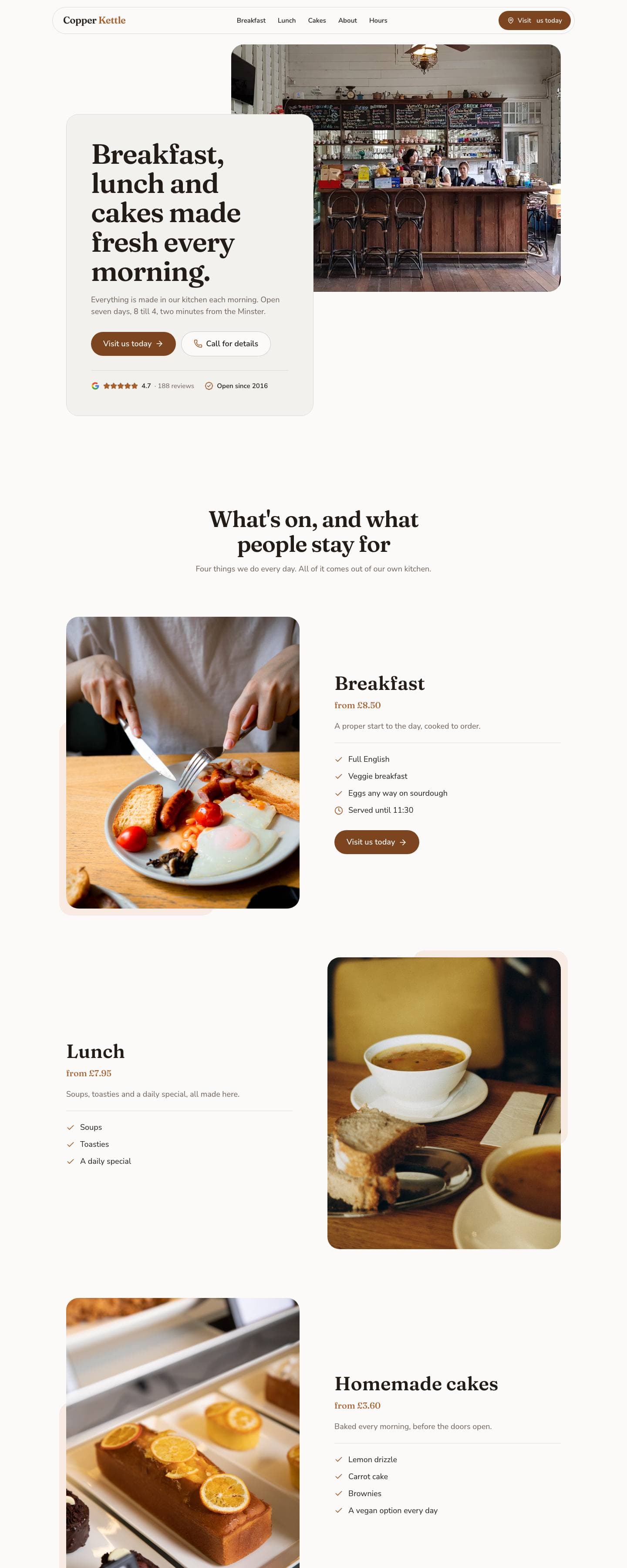 The home page Atelier built for Copper Kettle, an example independent café