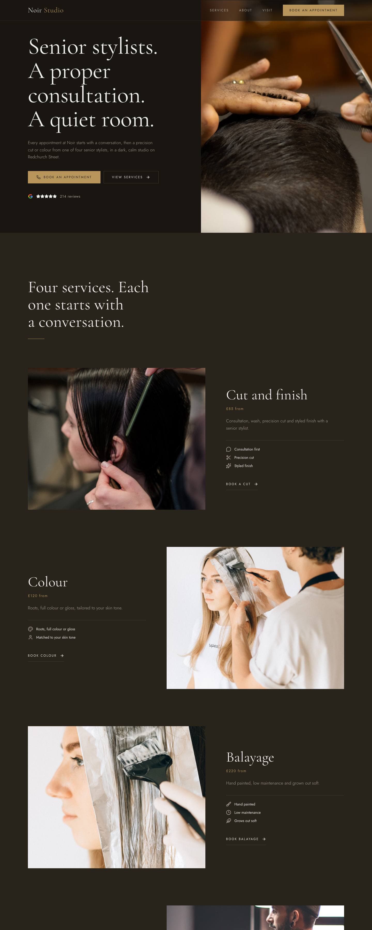 The home page Atelier built for Noir Studio, an example hair salon