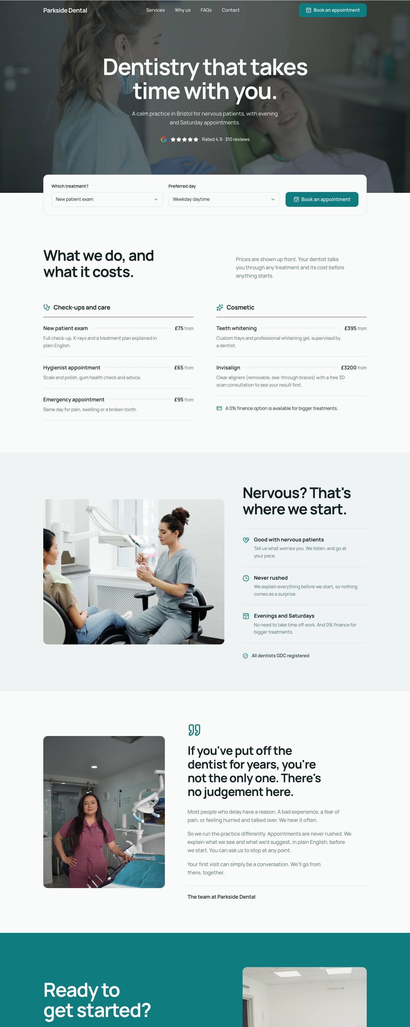 The home page Atelier built for Parkside Dental, an example private dentist