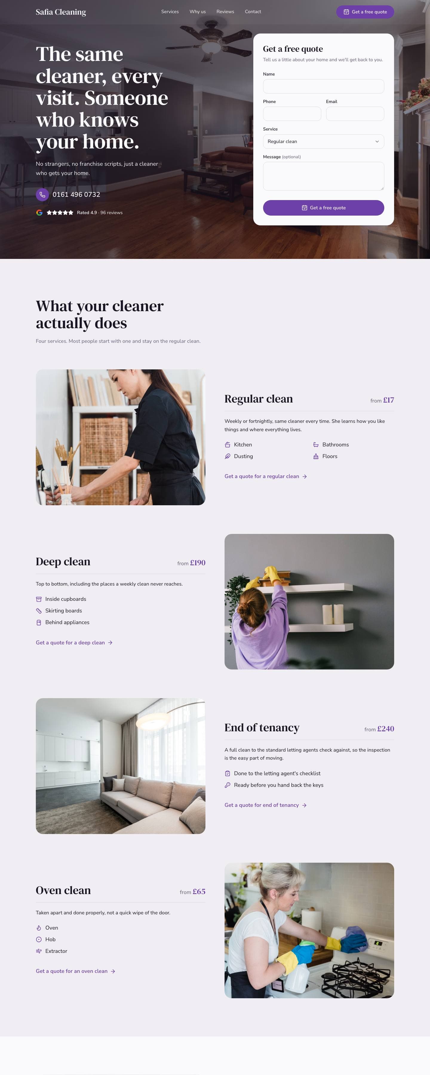 The home page Atelier built for Safia Cleaning, an example home cleaning